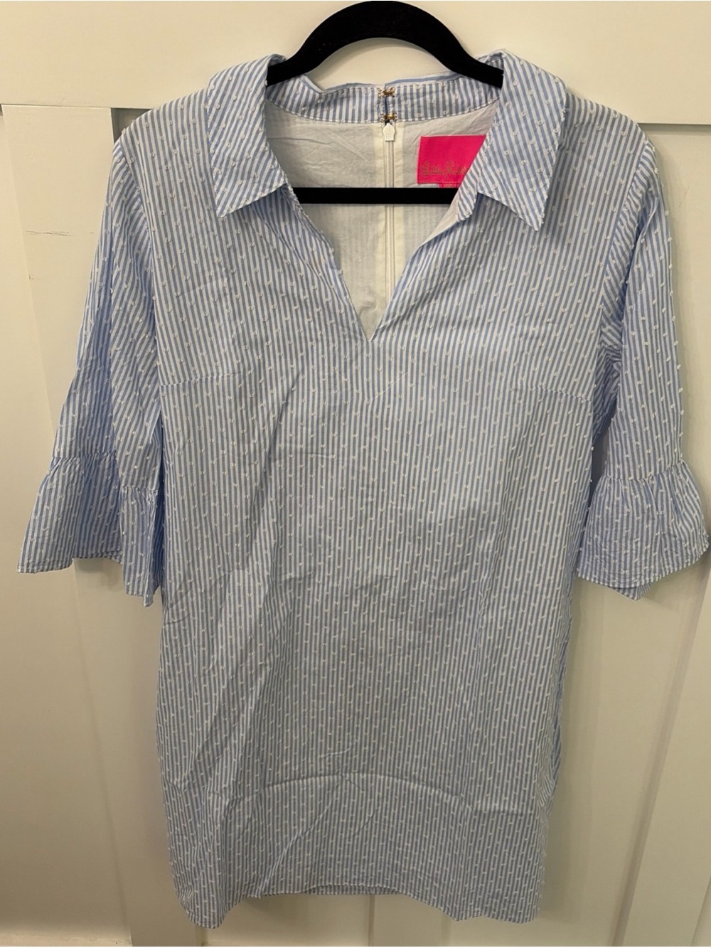 Light Blue Striped women’s Ginger shirt dress with V-Neck Collar